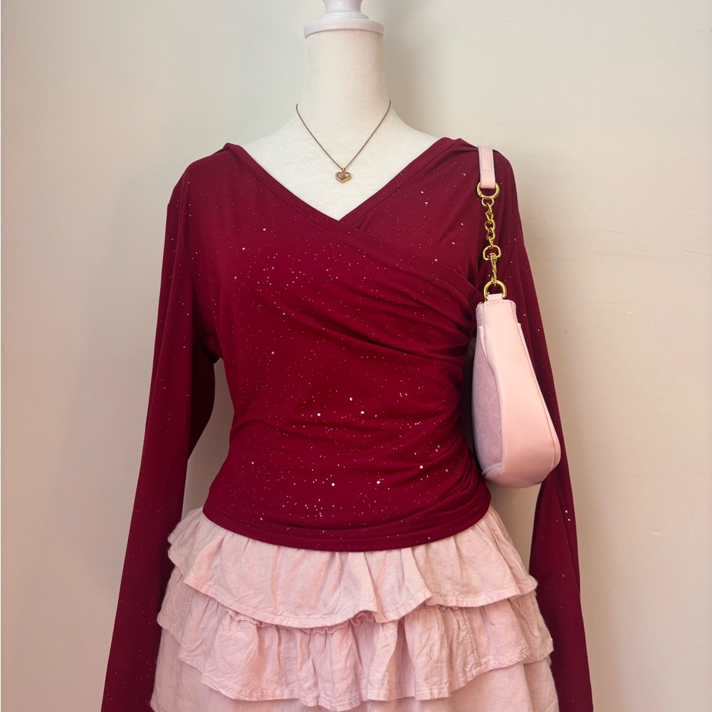 Elegant Dark Red V-Neck Wrap Women's Top with Glitter Details